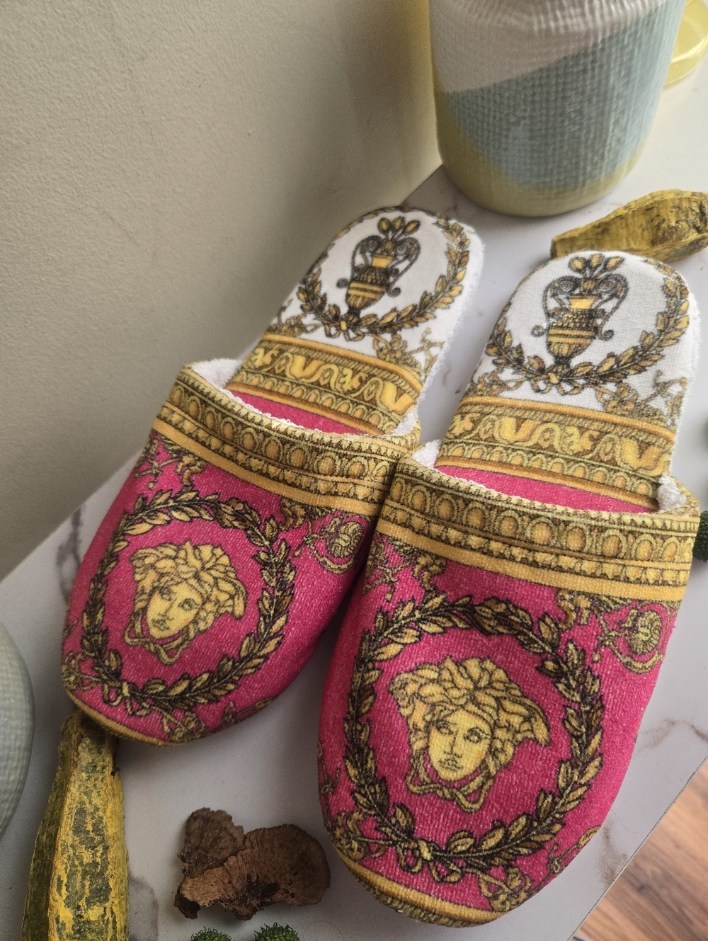 NWT Versace Medusa Baroque Print Pink Cotton Slippers Size XL - Picture 3 of 11